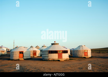 sunrise on a nomad yurt tents on the Xilamuren grasslands Inner Mongolia province China Stock Photo