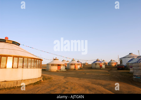 sunrise on a nomad yurt tents on the Xilamuren grasslands Inner Mongolia province China Stock Photo