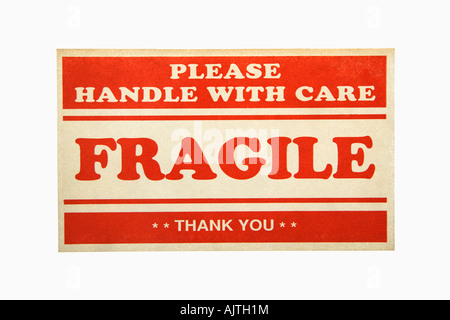 Fragile handle with care sign against white background Stock Photo