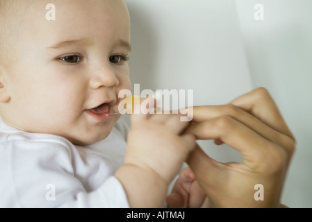 Baby taking pacifier from mother's hand, close-up Stock Photo