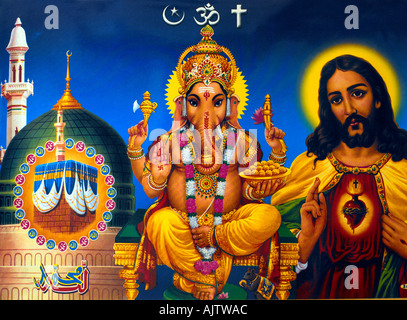 Multifaith artwork Ka aba Ganesh Jesus Christ Stock Photo