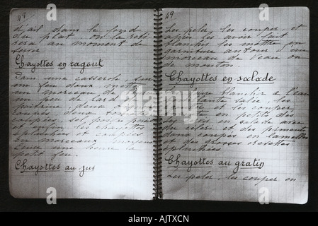 Chayote recipes handwritten in notebook, in French Stock Photo