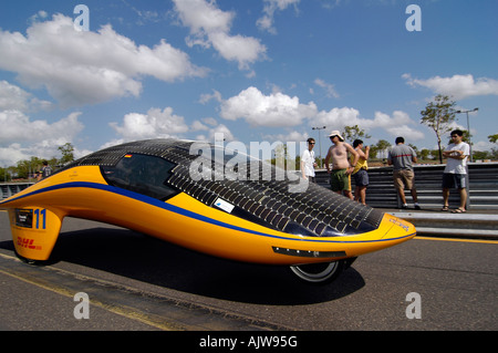 A solar racing car. This vehicle uses photovoltaik technology to convert sunshine into energy through its solar panels. Stock Photo