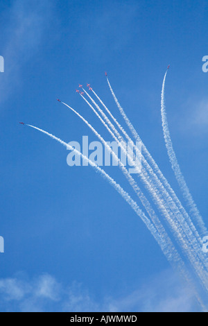 Red Arrows Royal Air Force RAF aerobatic display team in Hawk trainer aircraft at Fairford international air Show 2006 Stock Photo