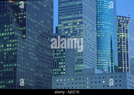 Window lighting at dusk, downtown highrise office buildings, Houston, Texas. Stock Photo