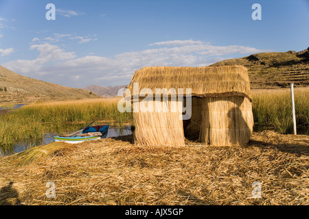 Uros Iruitos Indian settlement on Phuwa island a floating reed island on Lake Titicaca, Bolivia