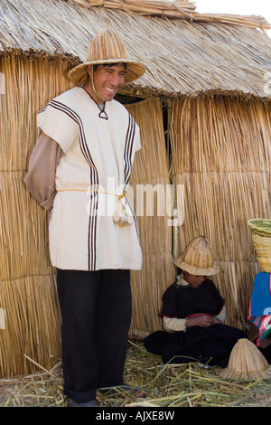 Uros Iruitos Indians living on Phuwa island a floating reed island on Lake Titicaca, Bolivia
