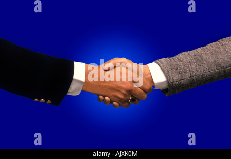 Two businessmen shaking hands with blue background closing deal Stock Photo