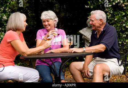 Retires senior friends having a drink outdoors and talking Stock Photo
