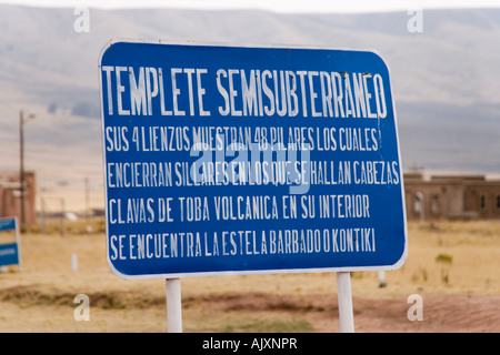 Sign to Semi Subterranean temple, Templete Semi Subterraneo, Tiwanaku, Bolivia Stock Photo