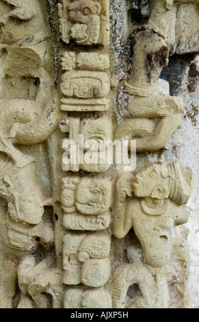 Close up of the old mask ruins at famous Mayan temples of Copan Honduras in Central America Stock Photo