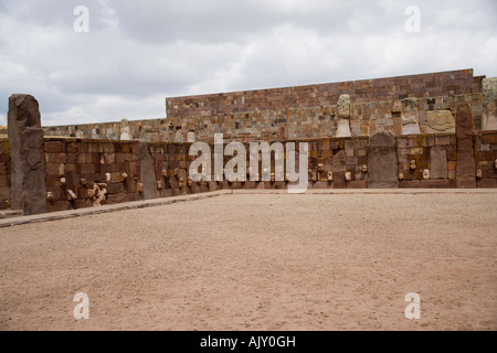 The Templete Semi Subterraneo, the Semi Subterranean Temple, at the archaeological site at Tiwanaku, on the Altiplano in Bolivia Stock Photo