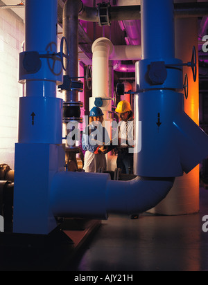 Man and woman engineers standing inside petro-chemical refinery, Stock Photo