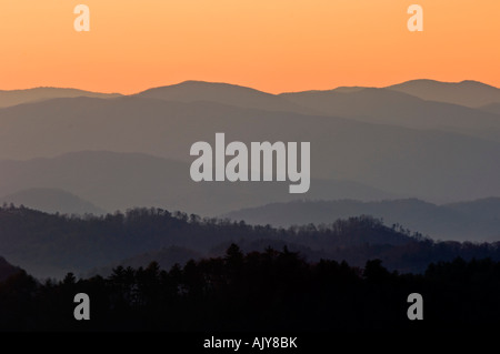 Sun rise skies and Smoky Mountain ranges from the Foothills Parkway, Great Smoky Mountains National Park, Tennessee, USA Stock Photo