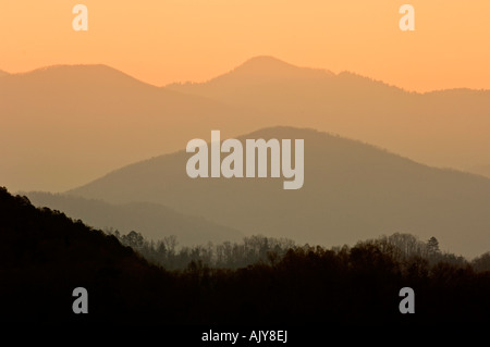 Sun rise skies and Smoky Mountain ranges from the Foothills Parkway, Great Smoky Mountains National Park, Tennessee, USA Stock Photo