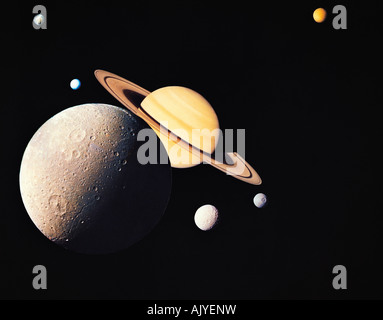 A montage of Saturn and its principal moons (Dione, Tethys, Mimas, Enceladus, Rhea and Titan Stock Photo