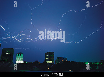 Stormy weather. Lightning above city buildings. North Sydney. Australia. Stock Photo
