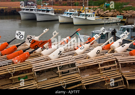 Lobster traps, buoys and moored longliners in Sea Cow Pond harbour, Sea Cow Pond, PE/PEI Prince Edward Island, Canada Stock Photo