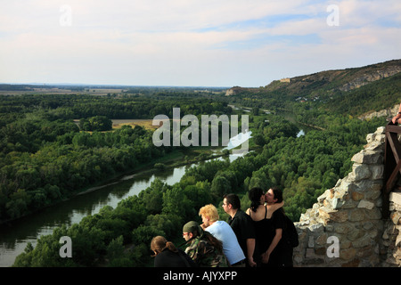 Young people enjoy the view over at Devin castle, Slovakia. Stock Photo