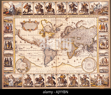 Historical map of the world. Nova totius Terrarum Orbis geographica ac hydrographica tabula by Hendrik Hondius, 1630. Stock Photo