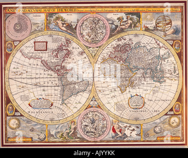 Historical map of the world. A New and Accurat Map of the World drawn by John Speed. Published 1626 by George Humble. Stock Photo