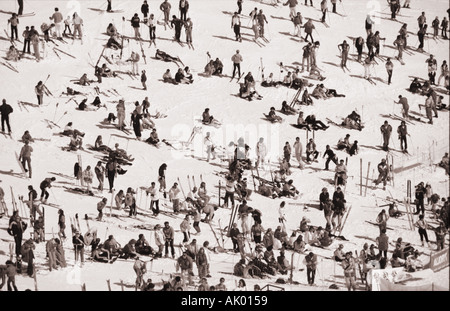 ariel view of skiers on ski slope pattern monochrome sepia Stock Photo