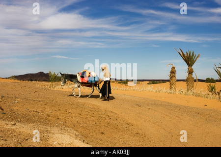 Woman and donkey in Sahara desert Merzouga Morocco. Donkey carrying water from well Stock Photo