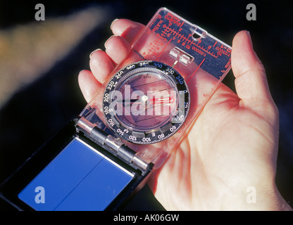 Detail of a directional magnetic compass with the needle pointing to the north Stock Photo