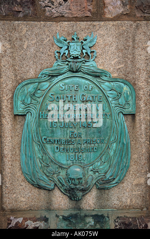 Plaque on the site of the South Gate in Exeter, Devon, UK Stock Photo