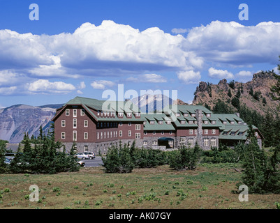 A view of the historic Crater Lake Lodge on the edge of the caldera of Crater Lake National Park, Oregon Stock Photo