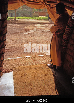 Entrance way of the Kasubi Tombs guarded by a man in traditional clothing Kampala Uganda East Africa Stock Photo