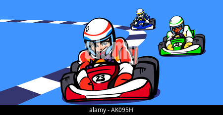 Three people participating in a go-carting race Stock Photo