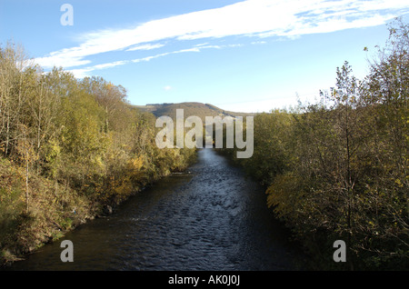 River Rhymney looking towards Machen Mountain photographed from Waterloo bridge South Wales UK Stock Photo