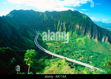 Koolau mountains and H3 highway Oahu Hawaii USA Stock Photo