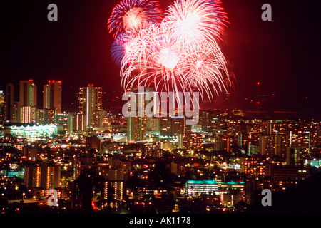 Fireworks display during 4th of july celebrations Honolulu Hawaii USA North Pacific Stock Photo
