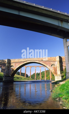 Bridges and rail viaduct across the River Tweed on the route of the Tweed Cycleway at Leaderfoot near Trimontium Roman Fort Stock Photo