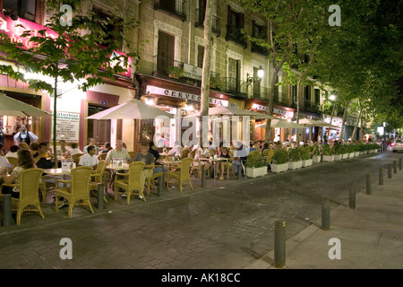 Sidewalk cafes and restaurants at night, Plaza Santa Ana, Madrid, Spain Stock Photo