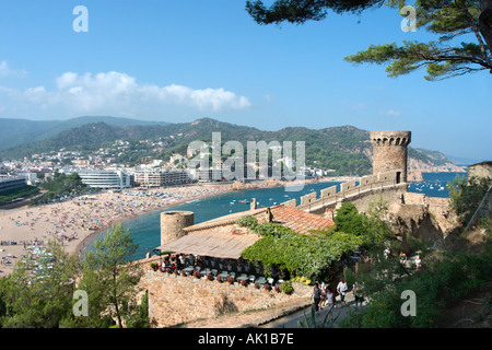 View from the Castle with a restaurant terrace in the foreground, Tossa de Mar, Costa Brava, Catalunya, Spain Stock Photo