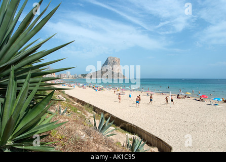 Beach in Calpe looking towards the Penon de Ifach, Costa Blanca, Spain Stock Photo