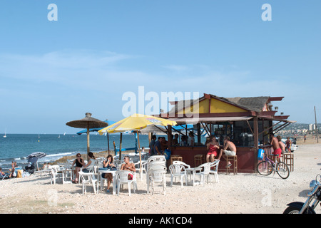 Beach bar on the main Beach, Javea (Xabia), Costa Blanca, Spain Stock Photo