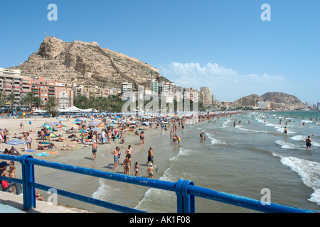 Playa del Postiguet with the Castilla de Santa Barbara behind, City Centre, Alicante Costa Blanca, Spain Stock Photo