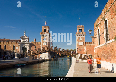 Rio dell Arsenale bridge and entrance fort to naval dockyard Castello district Venice Veneto Italy Europe EU Stock Photo