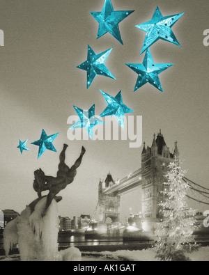 GB - LONDON:  Christmas concept showing Tower Bridge and Dolphin Fountain Stock Photo