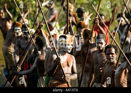Canoe war ceremony of Asmat people, Irian Jaya Indonesia. Stock Photo