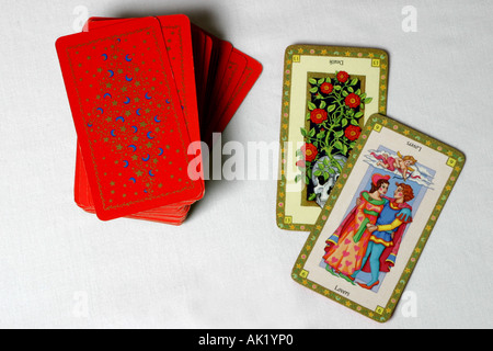 The Death card and the lovers card in a pack of Tarot. Stock Photo