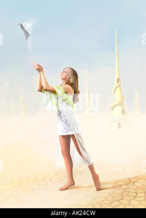 Digital oil painted Young beautiful girl in a fantastic extraterrestrial desert world releasing a peace dove Stock Photo