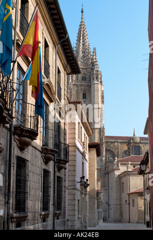 Cathedral at the end of a typical street in the old town, Oviedo, Asturias, Spain Stock Photo