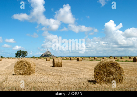 View of Mont Saint-Michel across newly harvested fields, Normandy, France