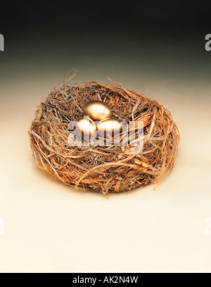 Still life, Business, Concept, 3 Golden eggs in nest, Stock Photo