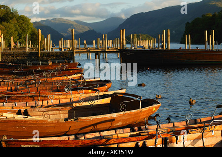 Wooden rowing boats Keswick Landing Stages Derwent Water Lake District Cumbria England Stock Photo